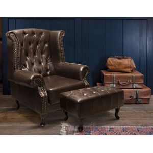 Armchair and stool set in dark brown Hm10198