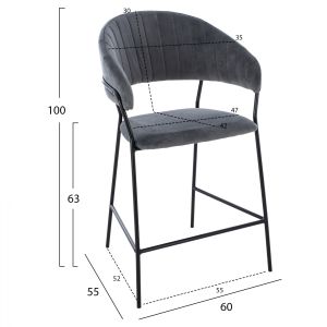 Gray plush medium-high bar stool ημ8734,01 60x55x100cm