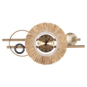 Wall clock metal and raffia fiber in earth tones 100x49cm Hm4200