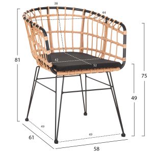 Allegra chair metal and cushion black-beige wicker 58x61x81hcm Hm5456