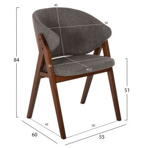Chair Hanna Hm9746,02 made of rubber wood, walnut color, with gray fabric 55x60x84hcm