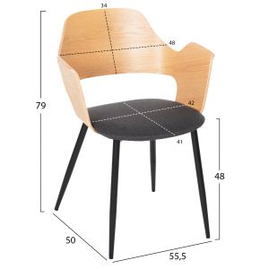 Chair Velp natural wood - black metal legs - gray fabric 55.5x50x79hcm Hm9616.02