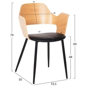 Chair Velp wood in natural color leather seat and black metal legs 55.5x50x79hcm Hm9616.01