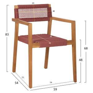 Charlotte armchair made of teak wood with rope, color brick pink, 59x54x83hcm Hm9637.06