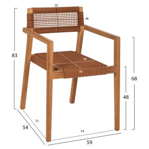 Charlotte armchair made of teak wood with brown rope 59x54x83hcm Hm9637,01