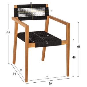 Charlotte armchair made of teak wood with black rope 59x54x83hcm Hm9637,02