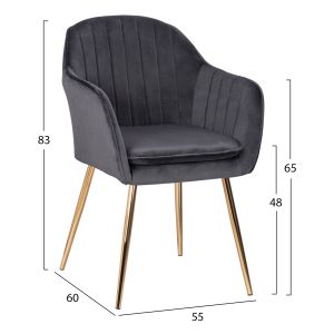 Chair with armrests Sawyer gray velvet with metal gold legs Hm8523,01