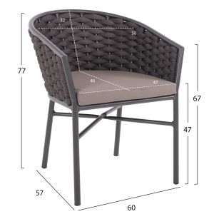 Chair with armrests aluminum and rope 55x60x75hcmhm5859,01