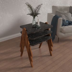 Side tables 3pcs, melamine in walnut-black marble top 40x30x40hcm Hm18176