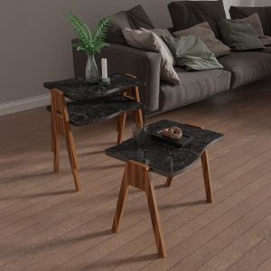 Side tables 3pcs, melamine in walnut-black marble top 45x35x40hcm Hm18175