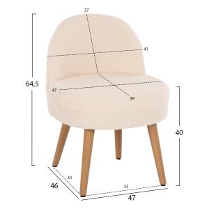 Low-back stool Yasmine Hm8395.23 white boucle with wooden legs 47x46x64.5hcm
