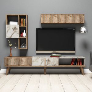 Тв секция Warm Marble Luxury меламин в цвят орех и бял мрамор Hm9438,01