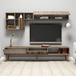 Тв секция комплект Hm9438,02 меламин в цвят орех-бяло 180x35x40hcm
