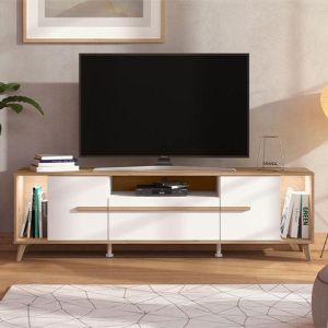 TV cabinet Almeida 180 in artisan oak-white-white high gloss, dimensions 189x40x52cm