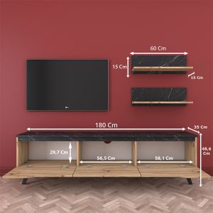 TV cabinet Kasia oak-black marble 180x35x48.5cm