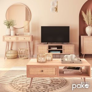 Oslo-b TV cabinet, sonoma color, plywood and natural rattan, 150x39x49cm