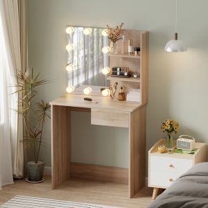 Dressing table with Led lights and shelves Lauryn Hm2501.01 melamine in Sonama 75x40x134.5hcm.