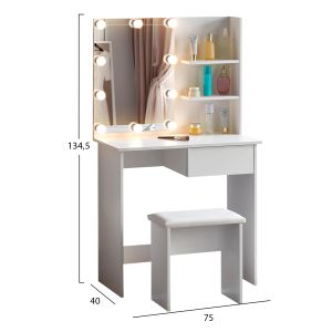Dressing table with Led lights and shelves Lauryn Hm2501.03 melamine in white 75x40x134.5hcm.