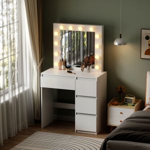 Dressing table with Led lights and drawers Keitlin Hm2499.03 melamine in white 80x40x140hcm.