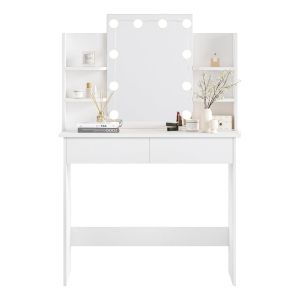 Dressing table with Led lights-shelves-drawers Lauryn Hm2502.03 color white 101.8x40x139.5hcm.