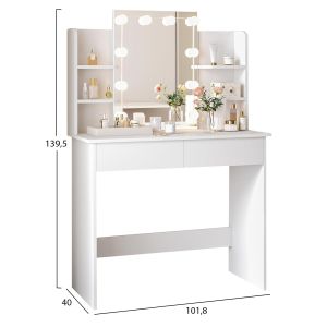 Dressing table with Led lights-shelves-drawers Lauryn Hm2502.03 color white 101.8x40x139.5hcm.