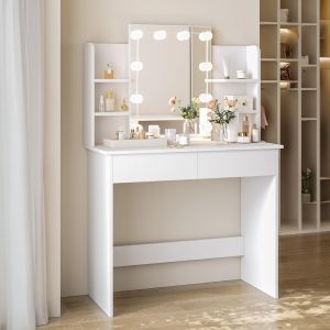 Dressing table with Led lights-shelves-drawers Lauryn Hm2502.03 color white 101.8x40x139.5hcm.