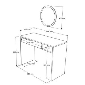 Dressing table with mirror Dorjie made of melamine, white/dark gray, 100x44.5x75cm