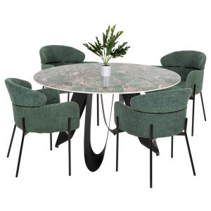 Dining set 5pcs, Zod Hm21045 round table with ceramic pop-4 armchairs in petrol green