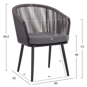 Dining chair Harriet .13 aluminum black frame-anthracite rope and cushion 60x62x80.5hcm Hm5548