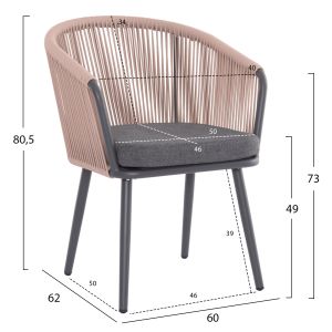 Dining chair Harriet Hm5548.12 aluminum anthracite frame-beige rope 60x62x80.5hcm.