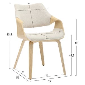 Dining chair Netto Hm9976.01 plywood construction in oak-beige damask 55x56x83.5hcm.
