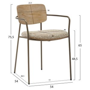 Dining chair Vikki .01 metal in antique copper-white wash plywood-beige fabric 54x54x75.5hcm Hm9980