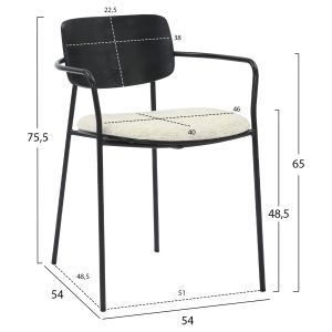 Dining chair Vikki .02 metal and plywood in black-ecru fabric 54x54x75.5hcm Hm9980