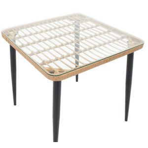 Dining table Naoki G, set of 5, natural rattan-black metal-glass 80x80x78 cm