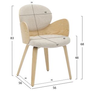 Трапезно кресло Darnell дамаска екрю крака в натурален цвят 56x56x83hcm Hm9974