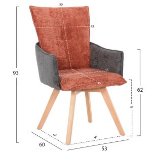 Dining chair Rex fabric in tile red-gray-legs beech solid 53x60x93hcm Hm9847,06