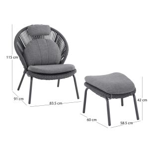 Armchair with footrest Temporal Sm6400.02 aluminum charcoal color and cushions 83.5x91x115w