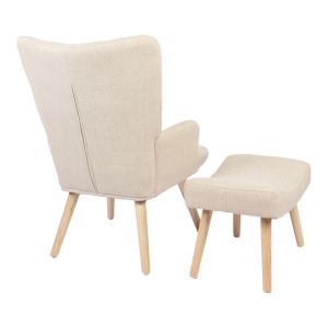 Armchair with stool Gerlina, cream fabric and natural legs 71x64x94cm