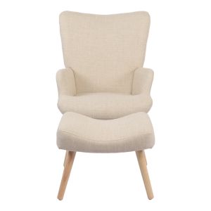 Armchair with stool Gerlina, cream fabric and natural legs 71x64x94cm