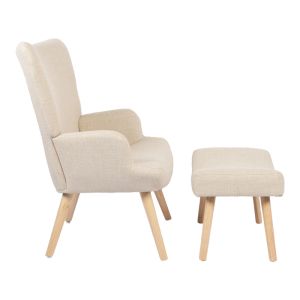 Armchair with stool Gerlina, cream fabric and natural legs 71x64x94cm