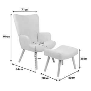 Armchair with stool Gerlina, cream fabric and natural legs 71x64x94cm