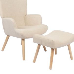 Armchair with stool Gerlina, cream fabric and natural legs 71x64x94cm