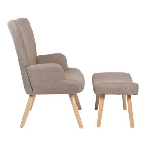 Armchair with stool Gerlina, gray-beige fabric and natural-colored legs, 71x64x94 cm