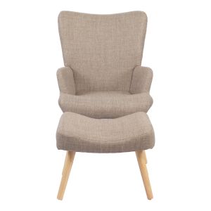 Armchair with stool Gerlina, gray-beige fabric and natural-colored legs, 71x64x94 cm