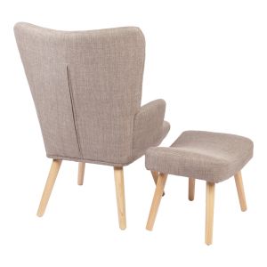 Armchair with stool Gerlina, gray-beige fabric and natural-colored legs, 71x64x94 cm