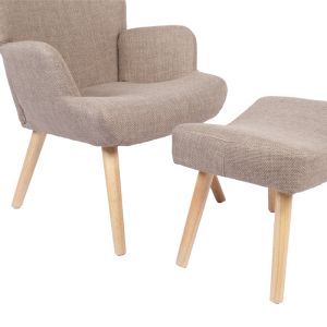 Armchair with stool Gerlina, gray-beige fabric and natural-colored legs, 71x64x94 cm