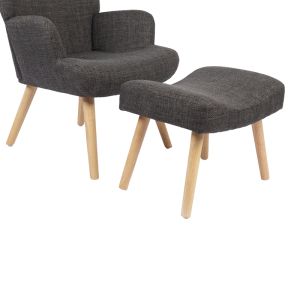 Armchair with stool Gerlina, dark gray fabric and natural-colored legs, 71x64x94 cm