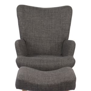 Armchair with stool Gerlina, dark gray fabric and natural-colored legs, 71x64x94 cm