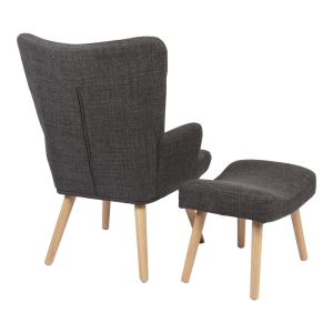 Armchair with stool Gerlina, dark gray fabric and natural-colored legs, 71x64x94 cm