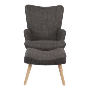 Armchair with stool Gerlina, dark gray fabric and natural-colored legs, 71x64x94 cm